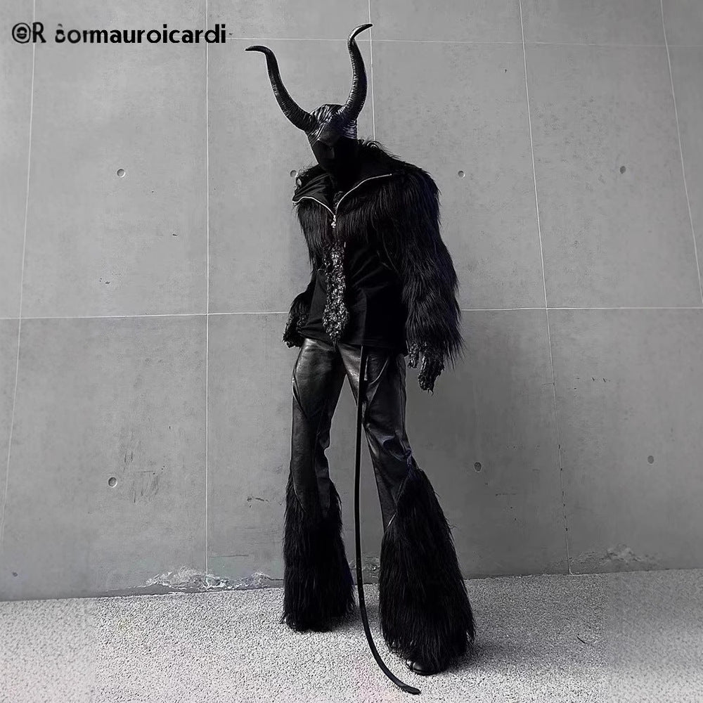 Halloween Dark Fantasy Horned Headpiece & Cropped Faux Fur Jacket Set