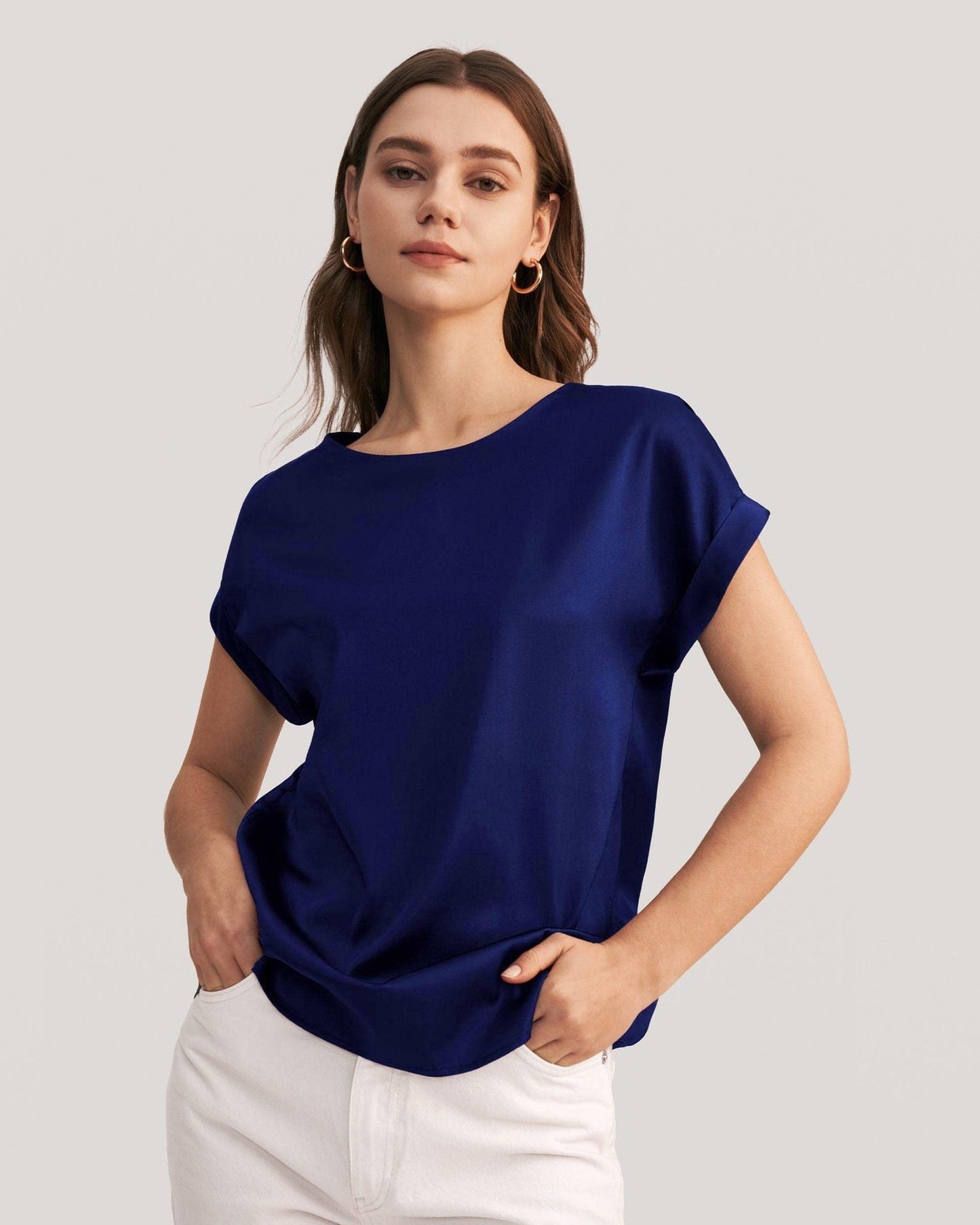 Simple Design Satin Women Short Sleeves Blouses