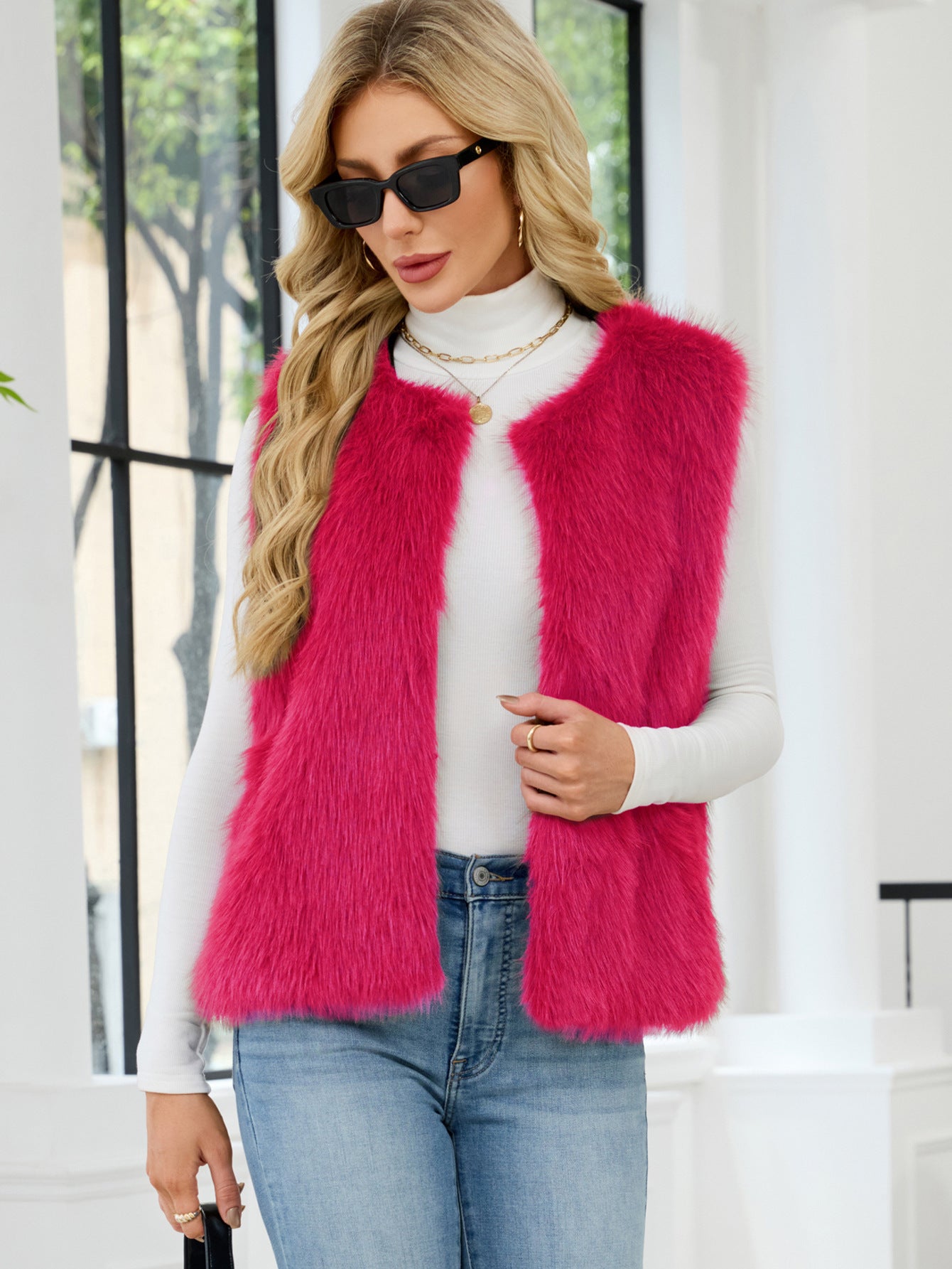 Faux Fur V-Neck Vest Sleeveless Top
