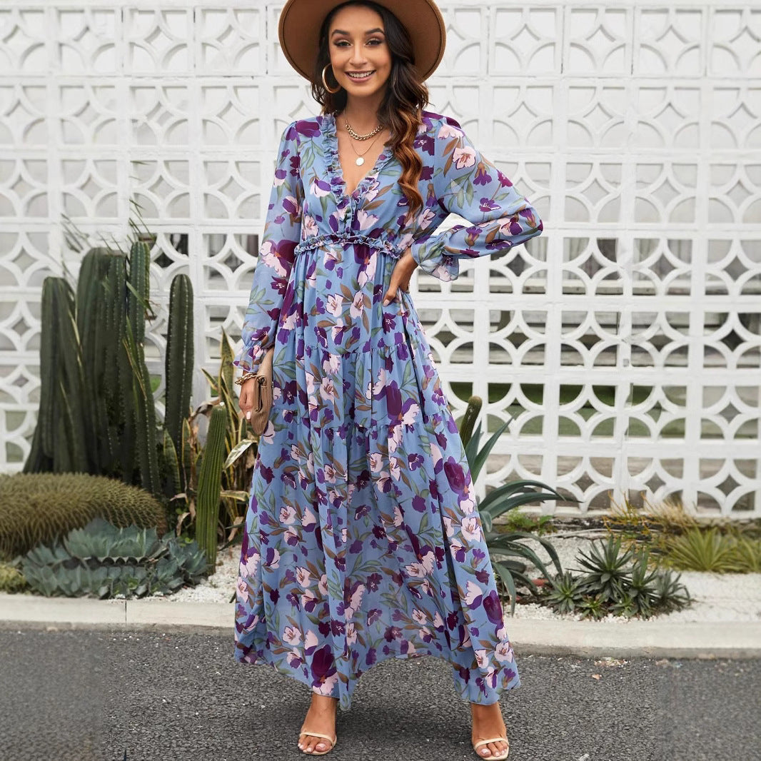 Elegant Long Sleeve Printed Maxi Evening Dress
