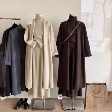 Women's Knit Three-Piece Set: High-Neck Vest & Skirt Outfit