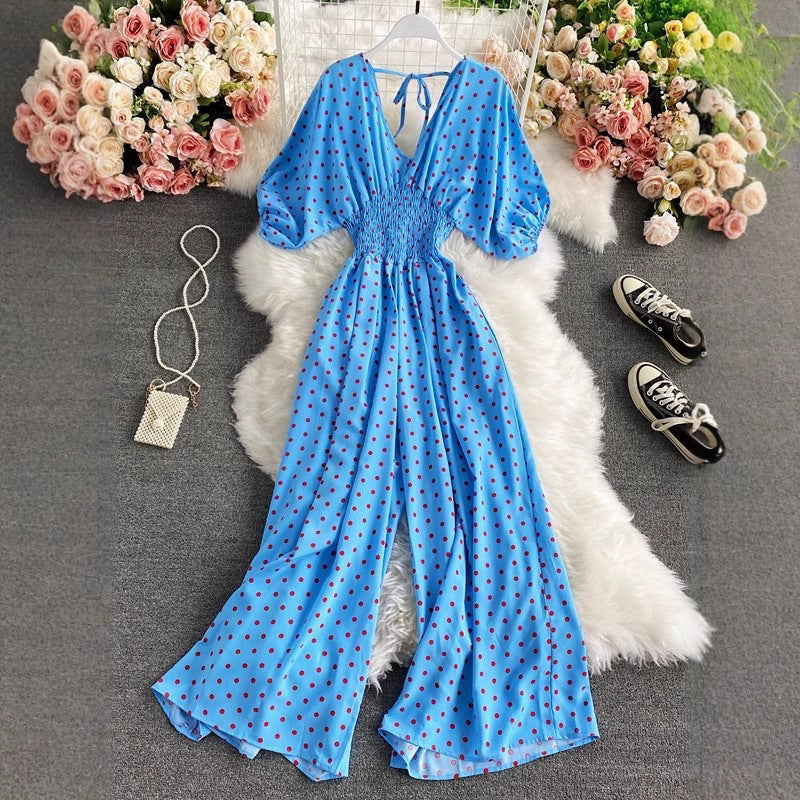 Women's Sexy V-Neck Batwing Sleeve Waist-Cinching Slimming Polka Dot Print Jumpsuit