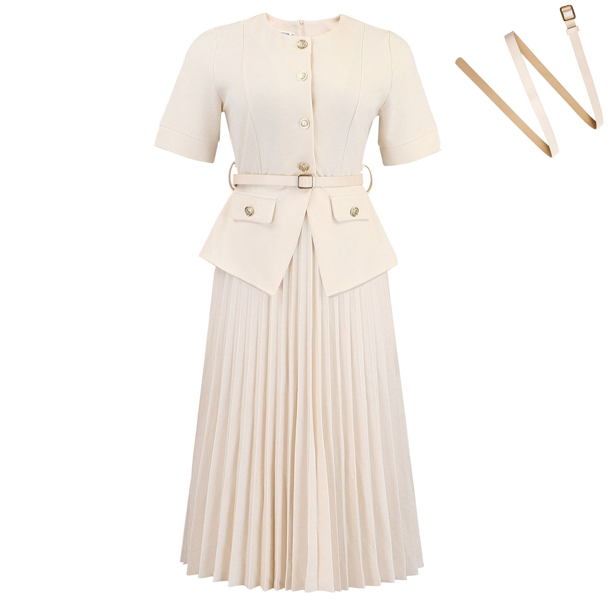 Summer  Round Neck Spliced Pleated Fake Two-Piece Solid Color Plus Size Dress