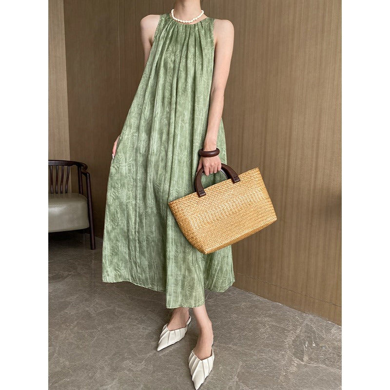 Summer Water Ripple Texture Round Neck Sleeveless Maxi Dress