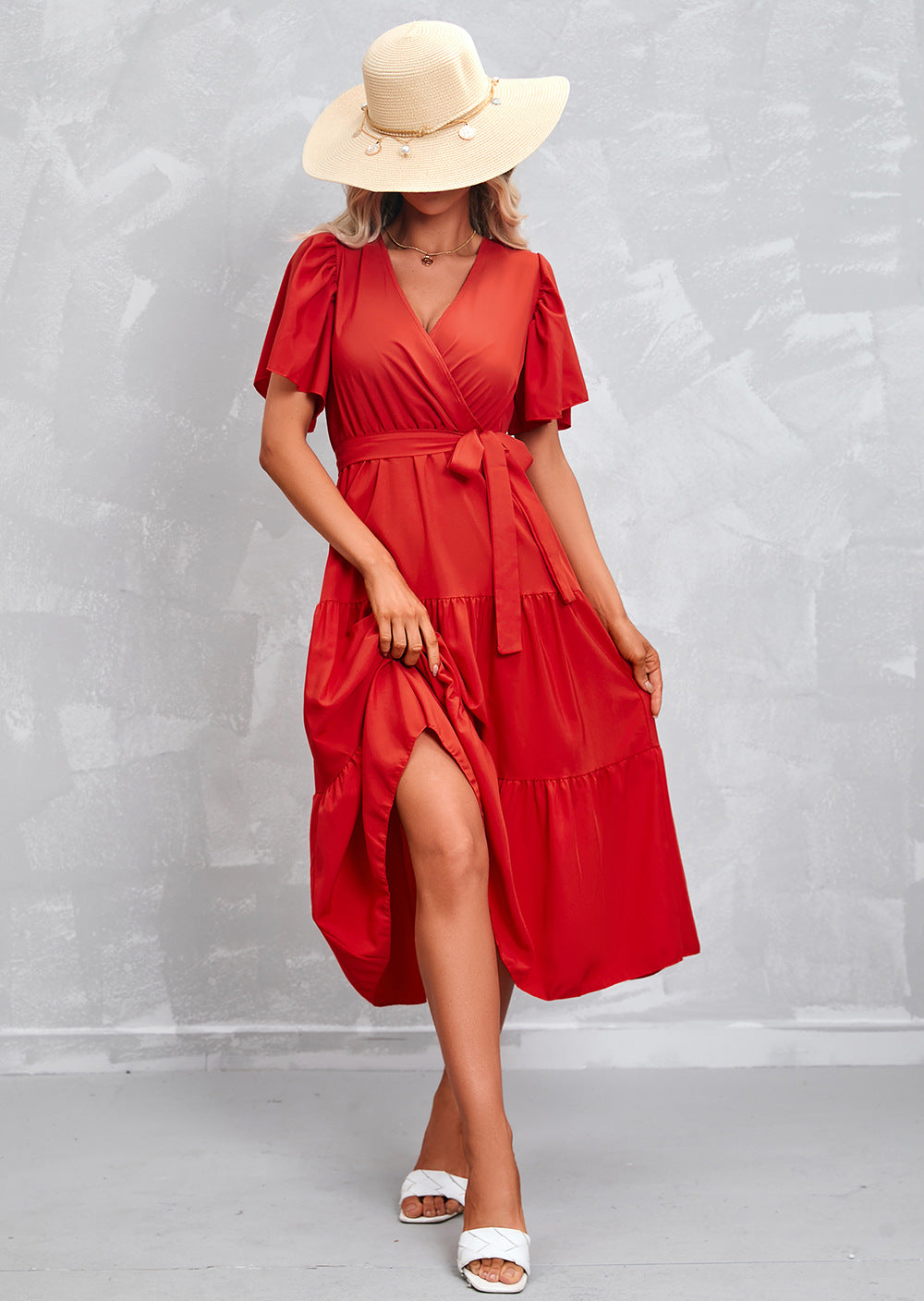Women's Summer Solid Color V-Neck Short Sleeve Dress