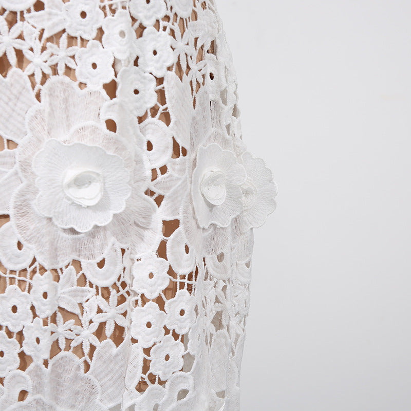 Retro Embroidery Backless Lace Panel Halter Maxi Dress