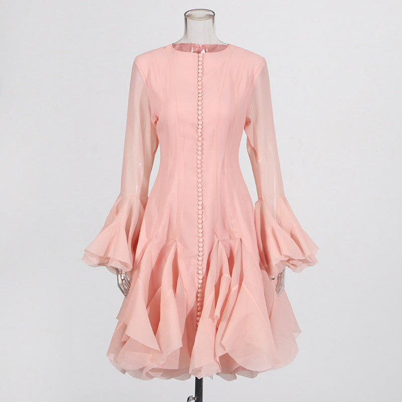 Designed Elegant Round Neck Patchwork Hem Flounce Midi Dress with Bell Sleeves