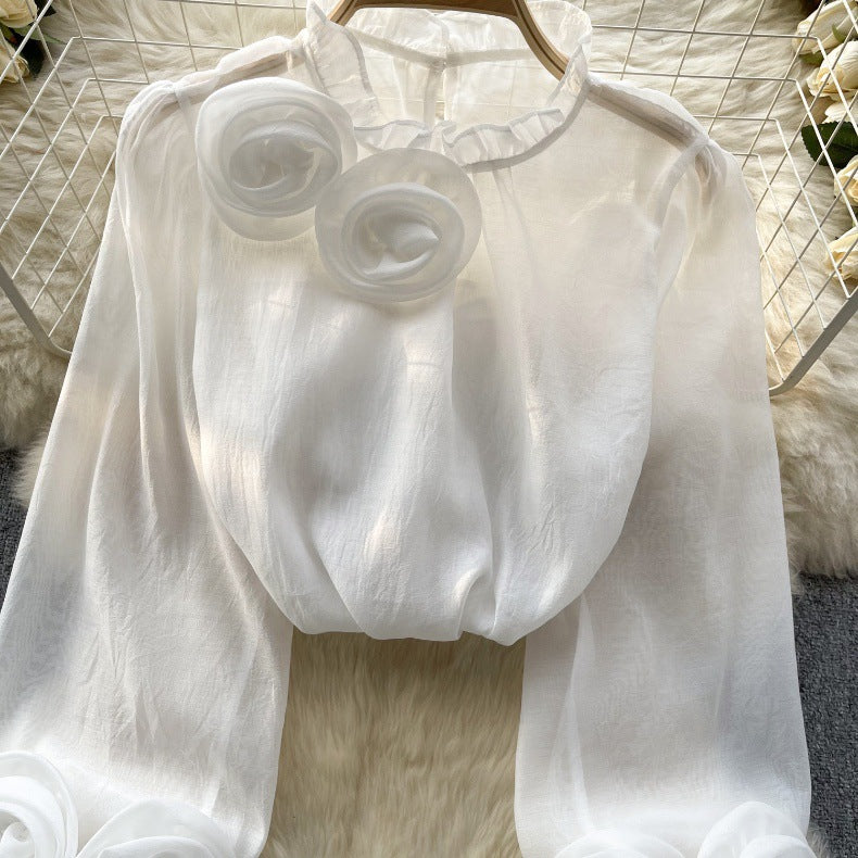 Designed 3D Flowers Chiffon Long Sleeves Shirts