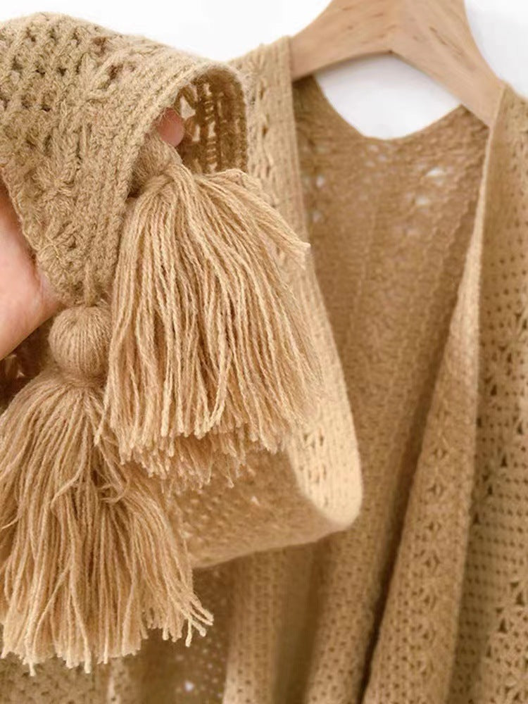 Boho Chic Knit Fringe Shawl – Ethnic Travel Wrap with Slit for Women