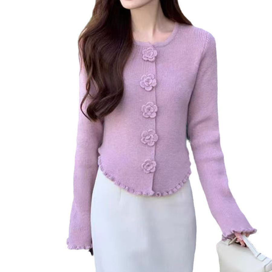 Floral Embroidery Button-Up Knit Cardigan