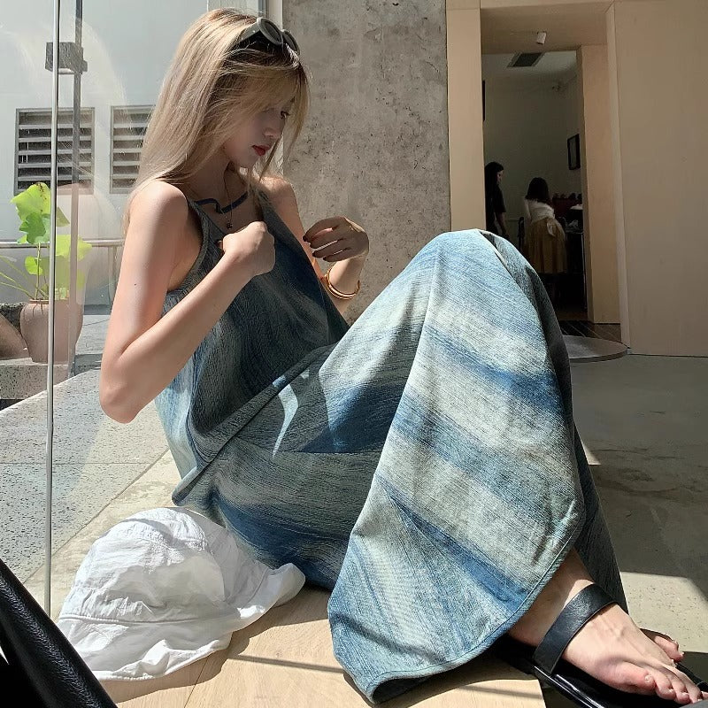 Retro Tie-Dye Strap Dress – Summer Loose Boho Beach Maxi Dress for Vacation