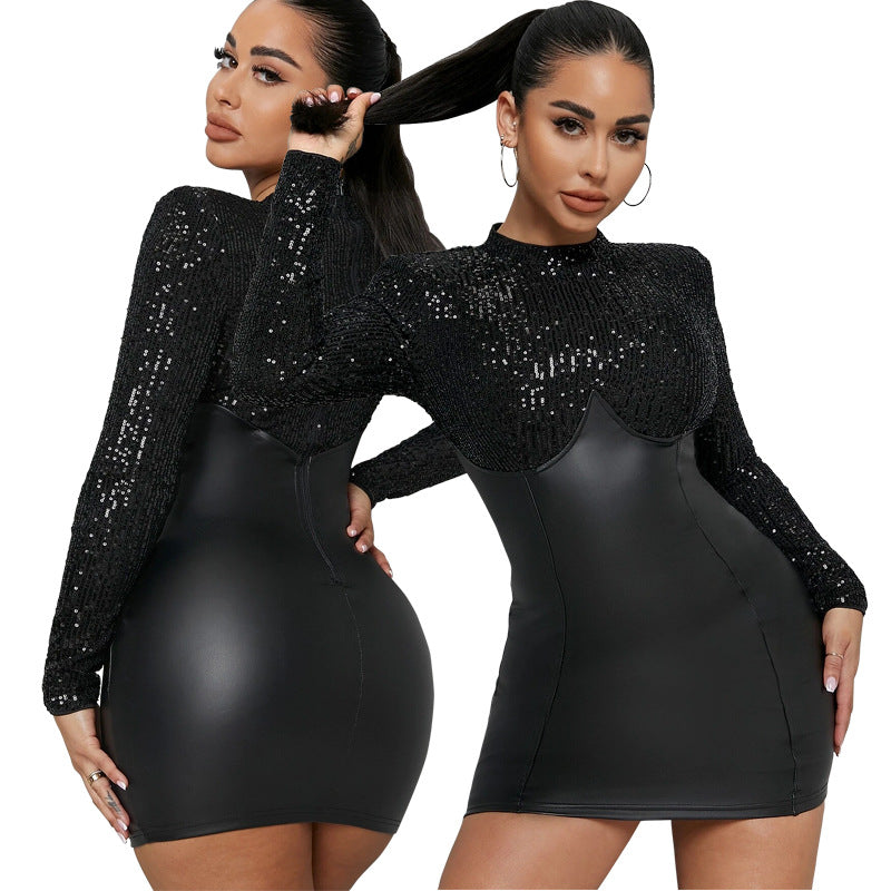 Sexy PU Long Sleeves Bodycon Mini Party Dresses-Dresses-Free Shipping at meselling99
