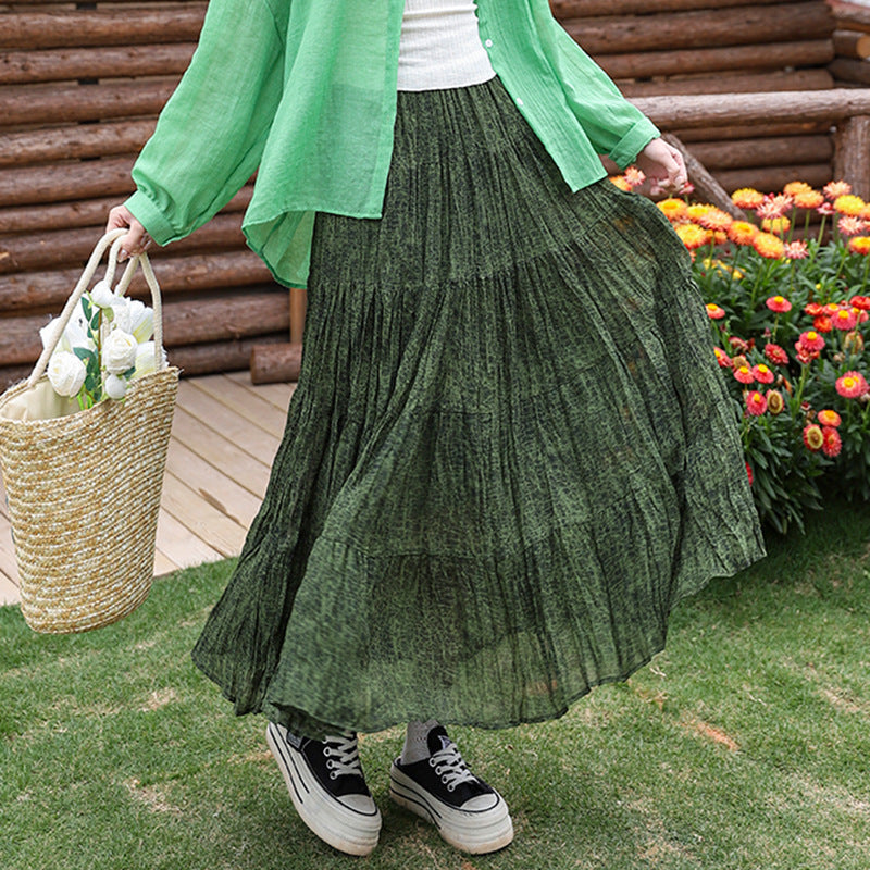 Yuan Su's new summer Wizard of Oz floral pleated skirt, high waist versatile and thin wrinkled A-shaped big swing skirt-Seaweed green-one size fits all-Free Shipping Leatheretro