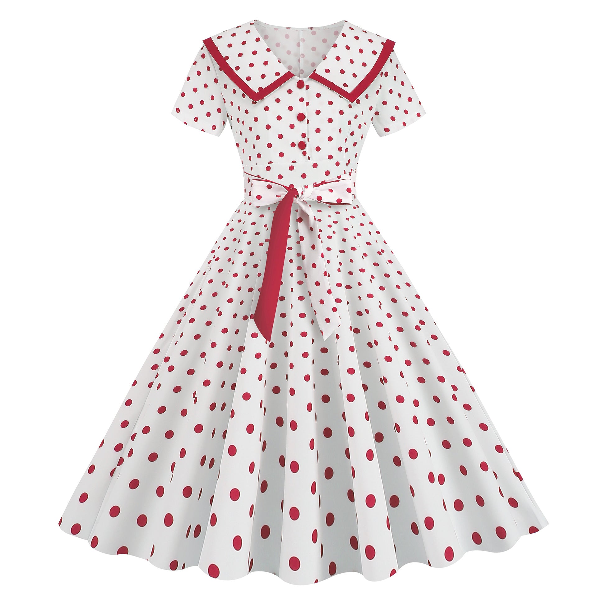 Vintage-Inspired Polka Dot Print Wrap Waist Flared Dress with Belt