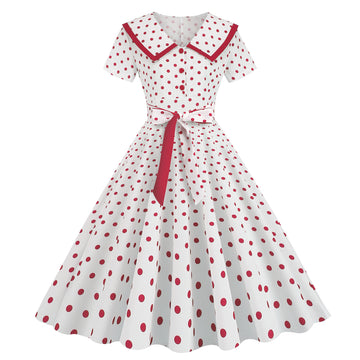 Vintage-Inspired Polka Dot Print Wrap Waist Flared Dress with Belt