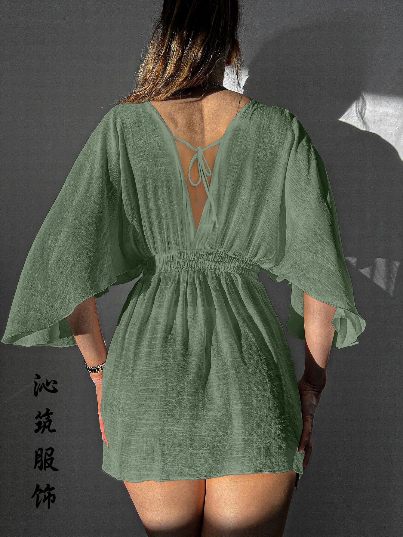 Sexy Backless Beach Dress – High-Waist Short Sleeve Wrap Shirt for Women
