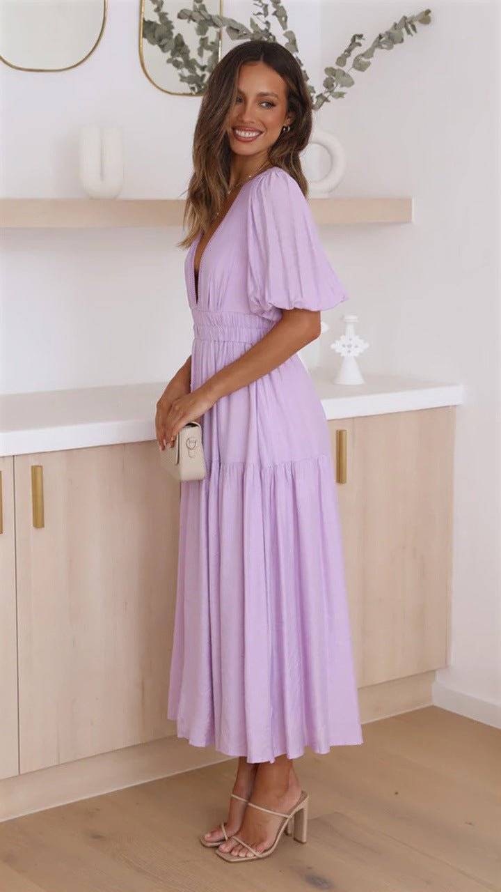 Chic Deep V Puff Sleeve Vacation Dress