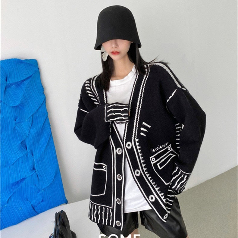 Oversized Black and White Graphic Doodle Knit Cardigan