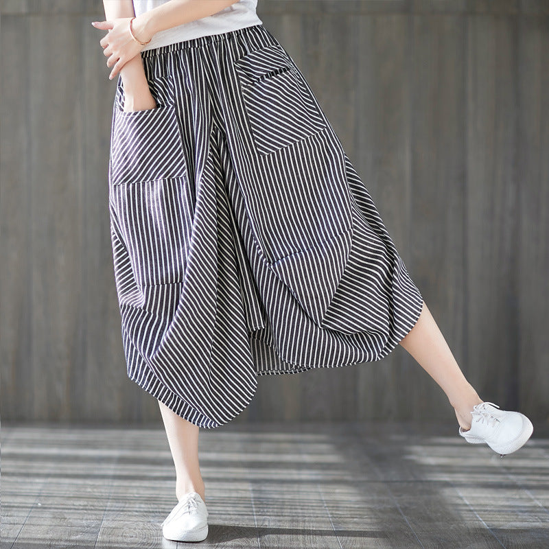 Women's Loose Fit Striped Cotton-Linen Drawstring Waist Lantern Skirt