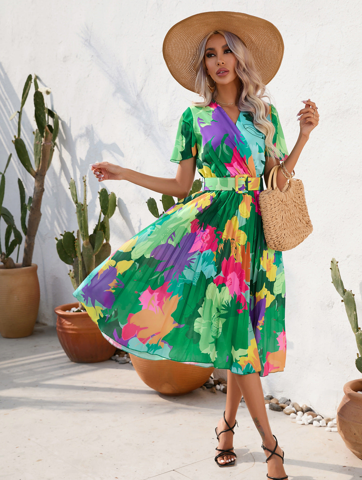 Summer Floral Print Crinkle Midi Short Sleeve Dress