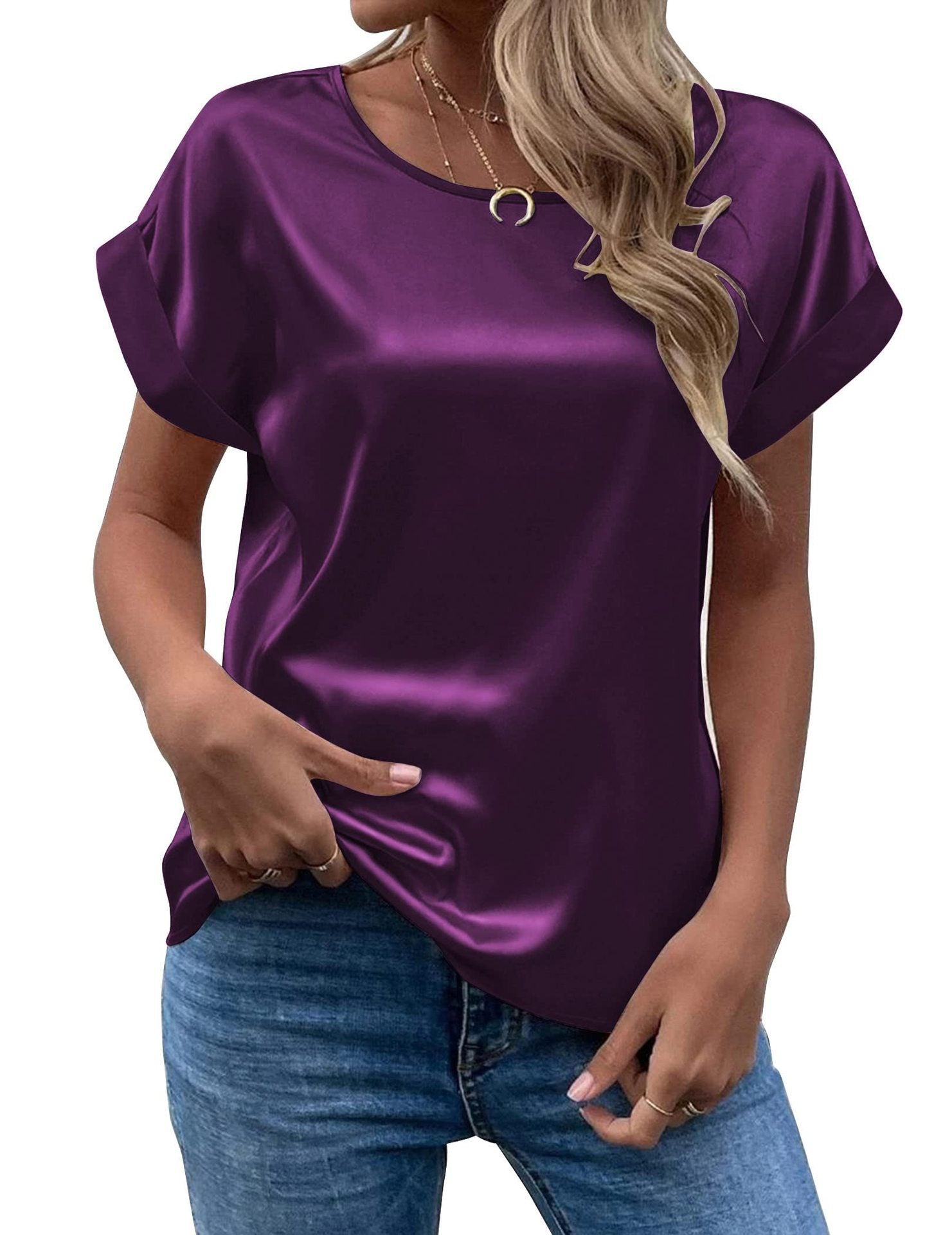 Women's Satin Round-Neck Straight Fit T-Shirt