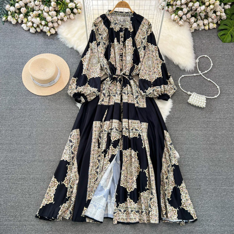 Retro Palace Style Lantern Sleeve Round Neck A-Line Floral Print Button-Down Waist Dress