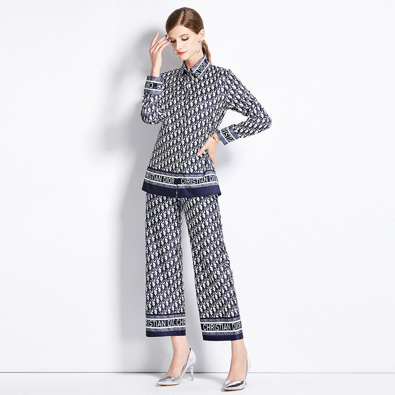 Versatile and Slimming Shirt Paired with Loose Positioned Printed Wide-Leg Pants Set