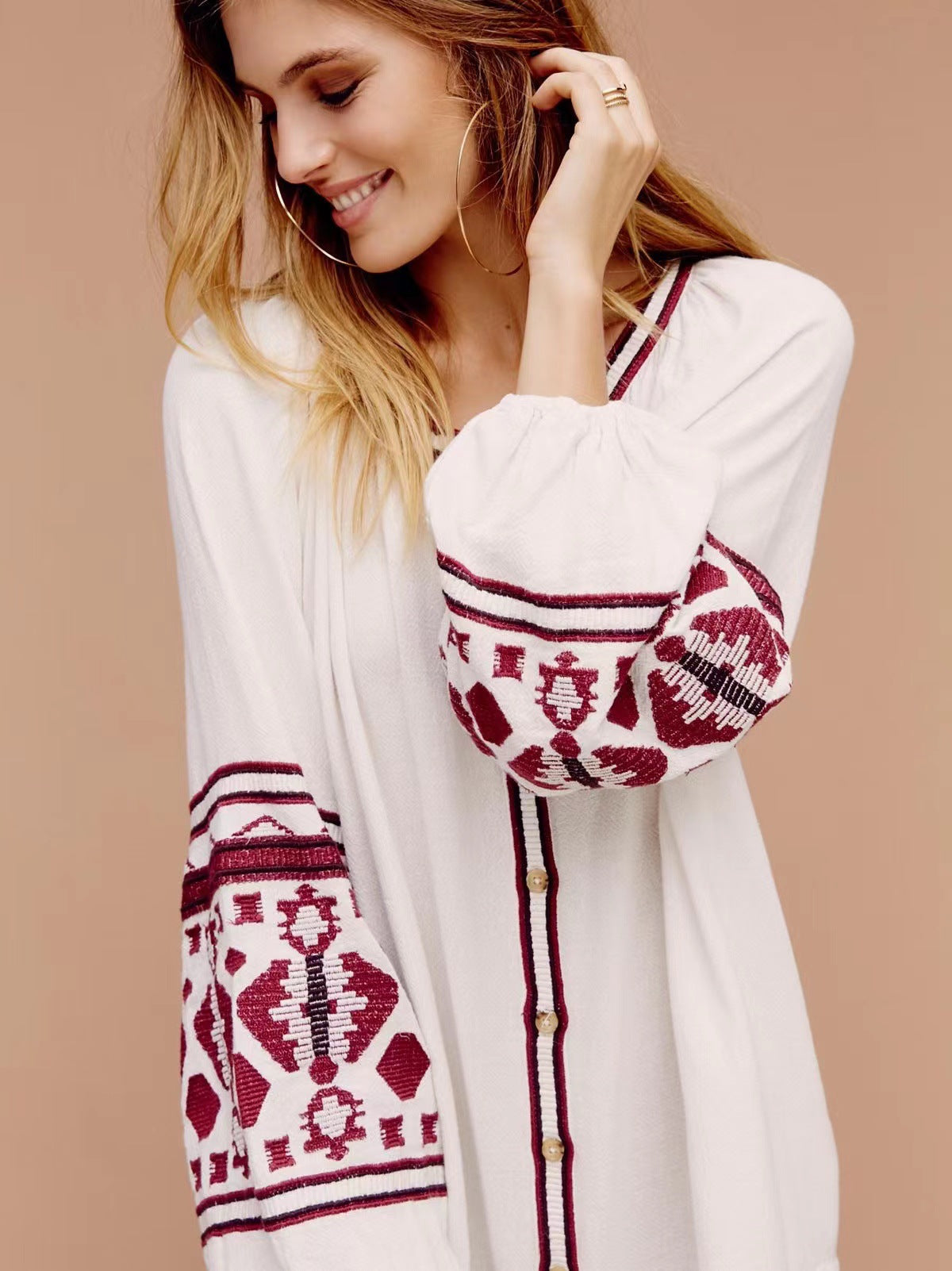 Bohemian Ethnic Embroidered Loose Front Button Dress
