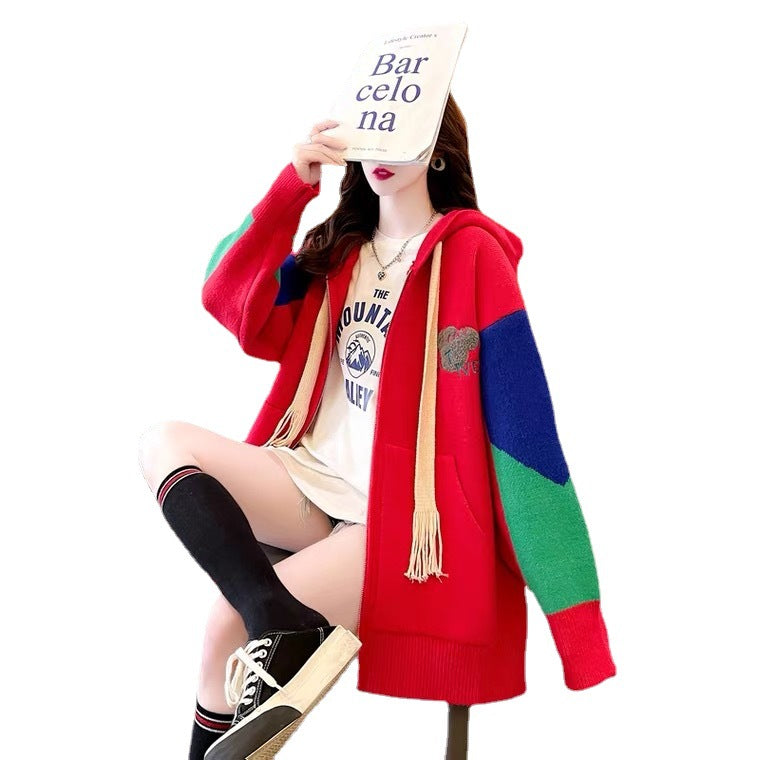 Women's Longline Color-Block Hooded Cardigan – Oversized Chunky Knit Sweater Coat