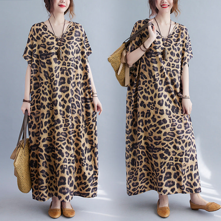 Plus Sizes Women Leopard Short Sleeve Cozy Dresses-Cozy Dresses-Leopard-One Size-Free Shipping at meselling99