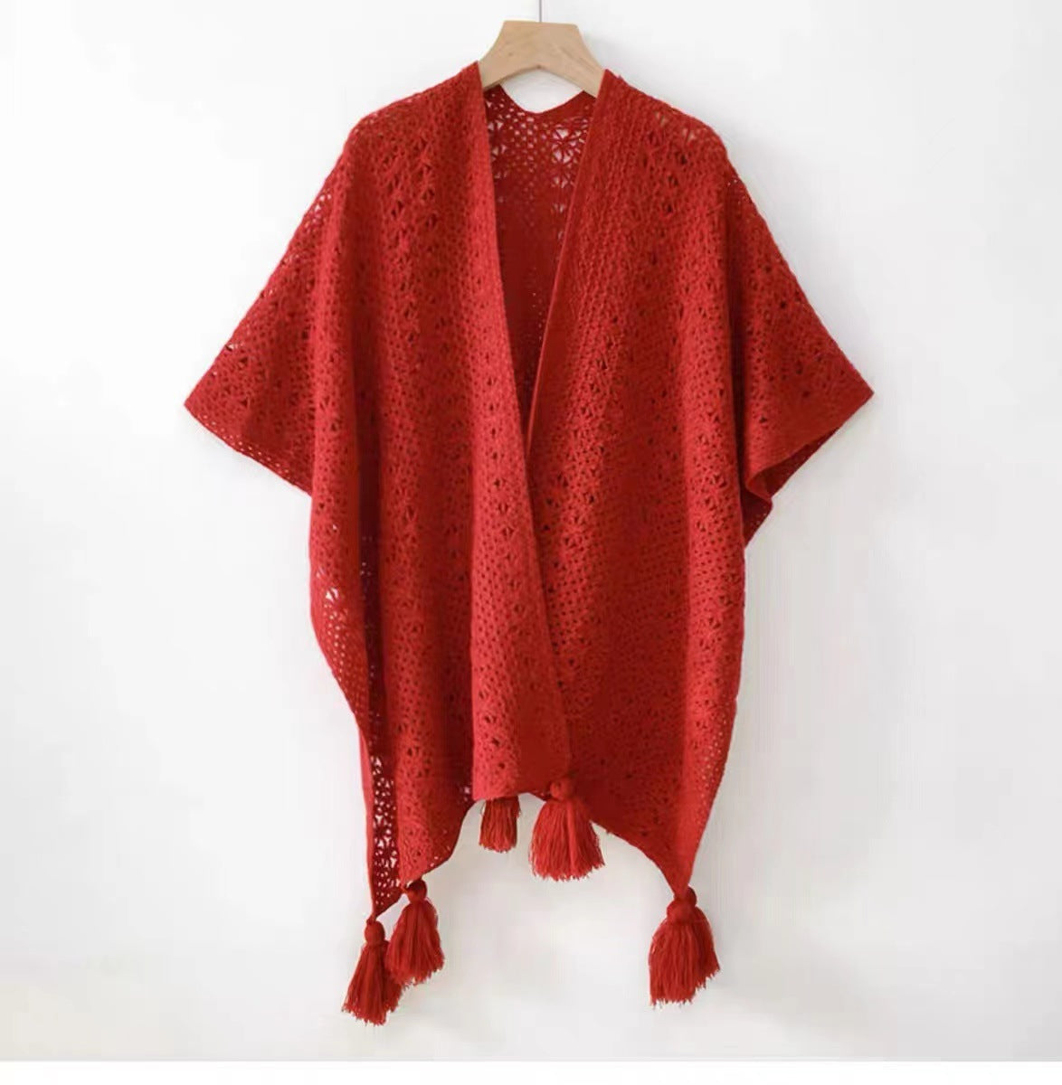Boho Chic Knit Fringe Shawl – Ethnic Travel Wrap with Slit for Women