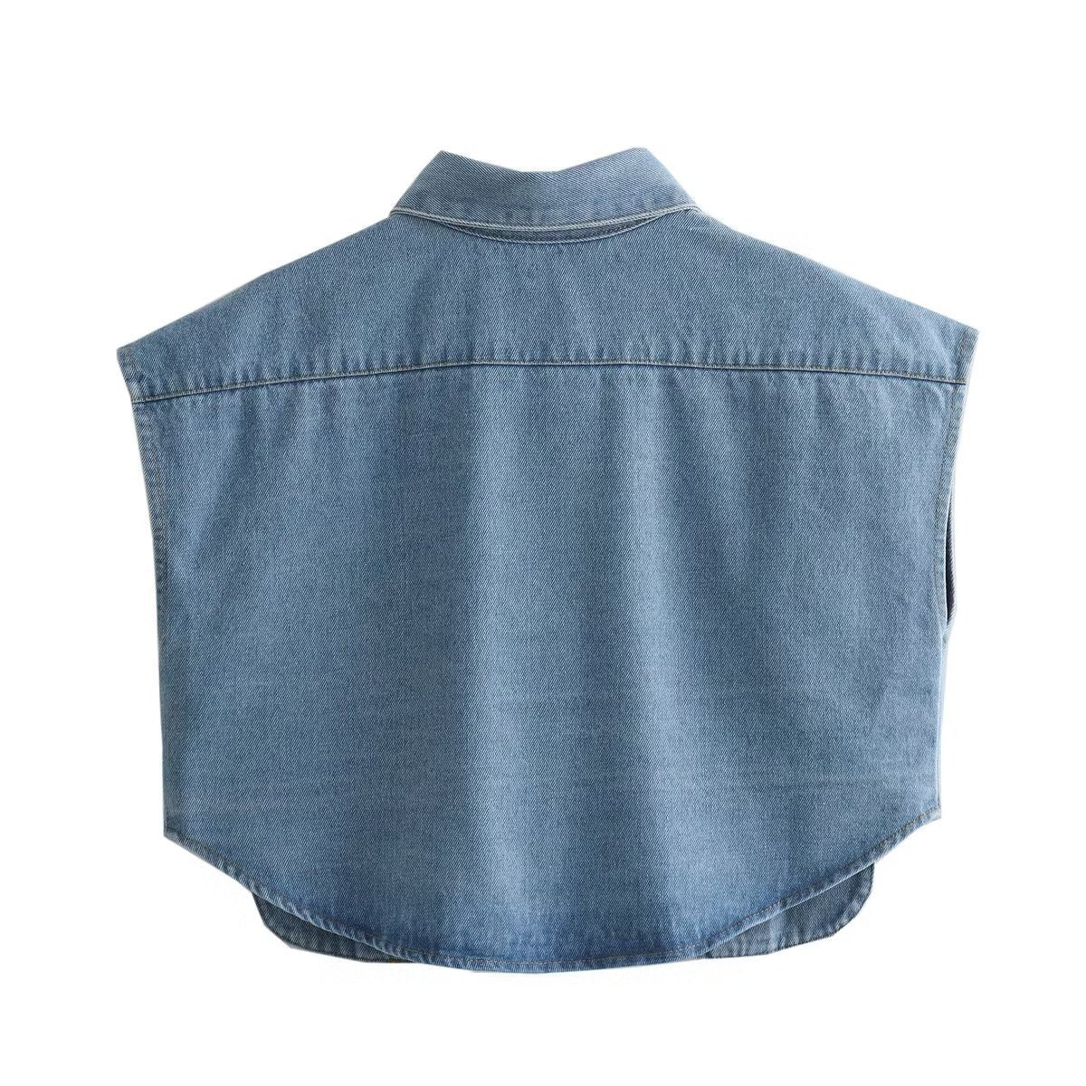Women's Solid Color Oversized Pocket Sleeveless Polo Collar Denim Shirt Top
