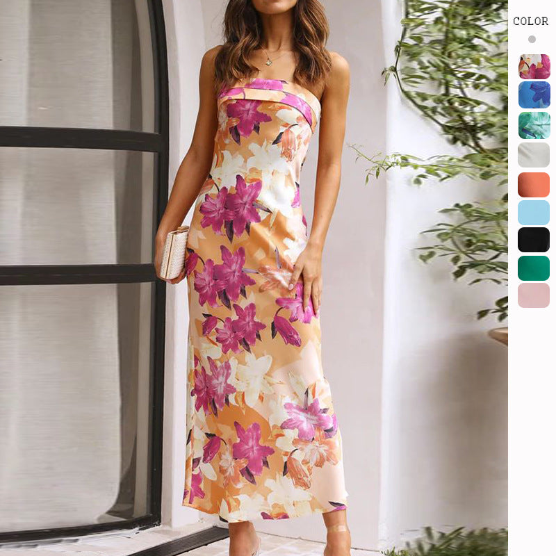 Elegant Satin Bandage Backless Tube Dress with Floral Print