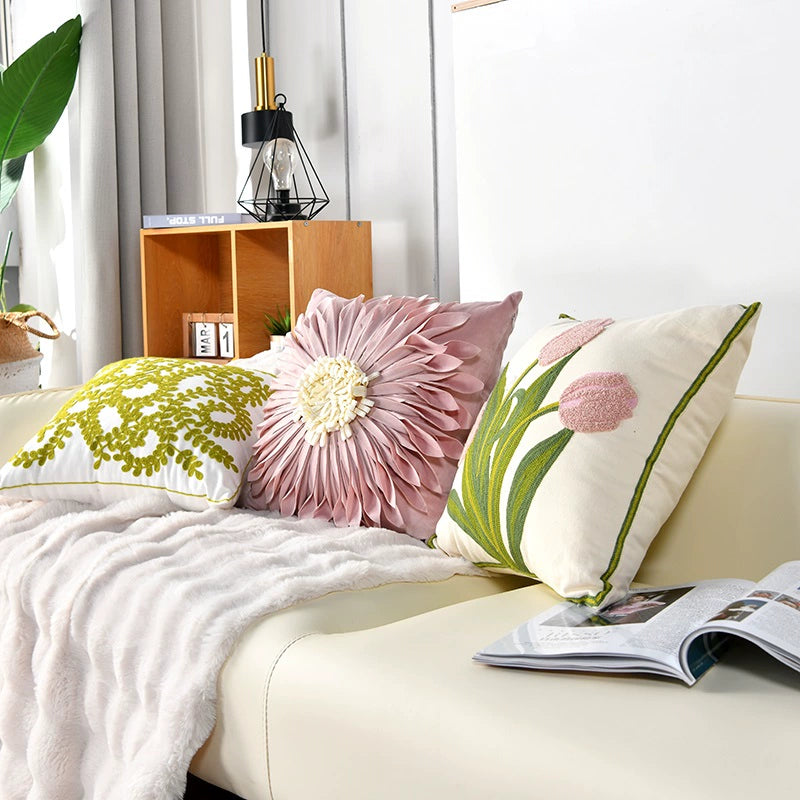 Embroidered Tulip Flower Pillow Cover