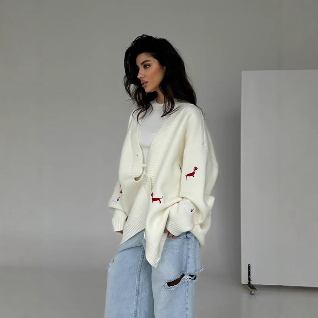 Women's Oversized Casual Knitted Embroidered Sweater Coat