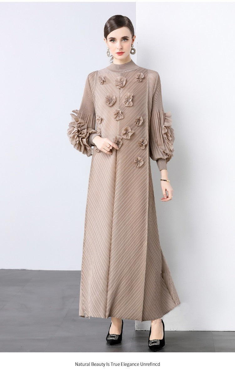 Stylish Slim-Fit Solid Color High Neck Dress with 3D Flowers