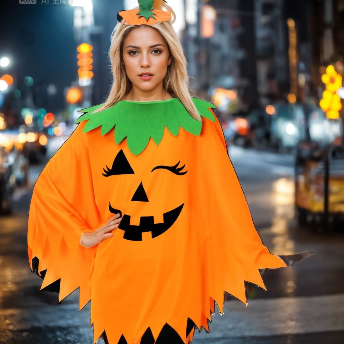 Halloween Pumpkin Cloak Costume Set with Headband and Candy Bag
