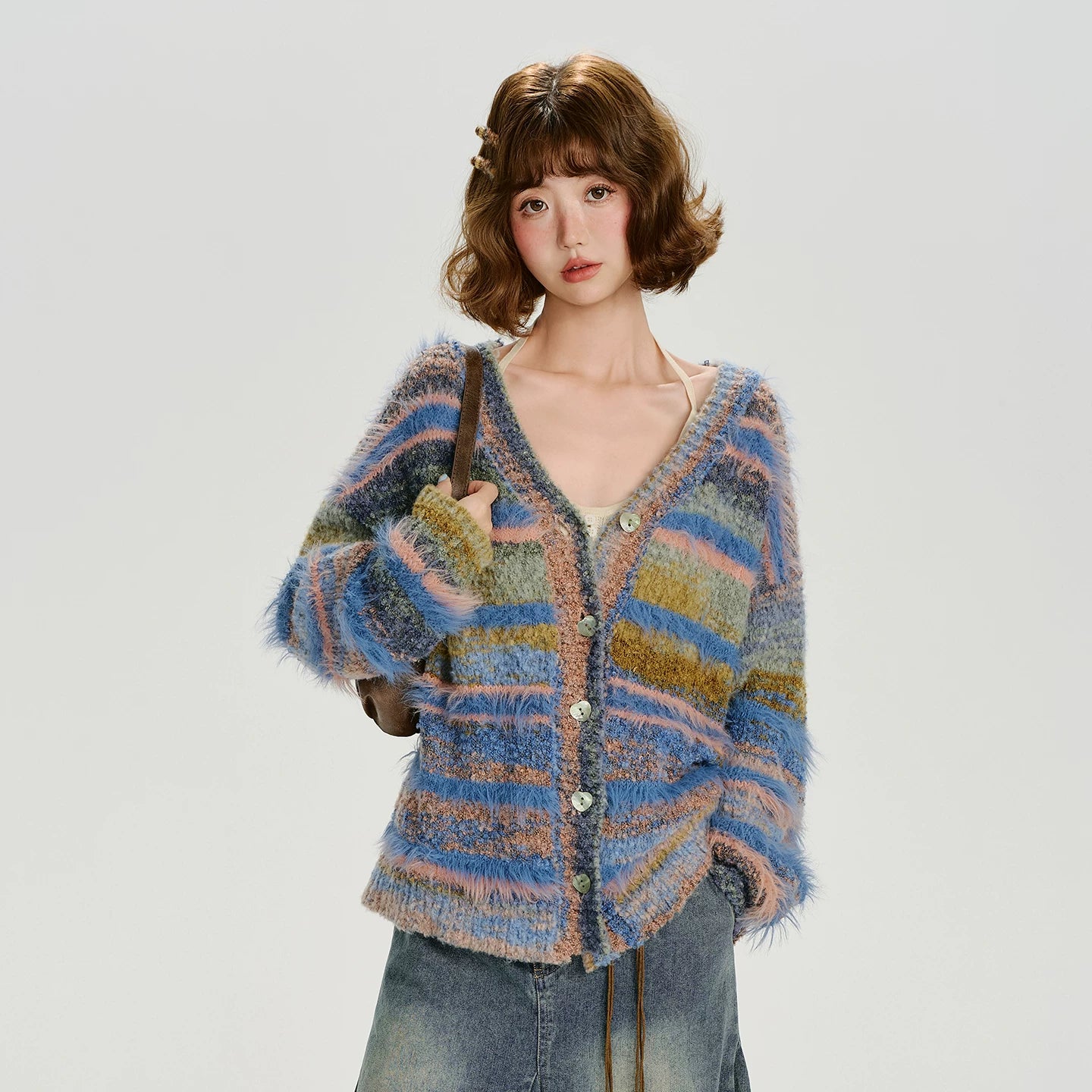 Girlyhalo Vintage Gradient Striped Plush Cardigan
