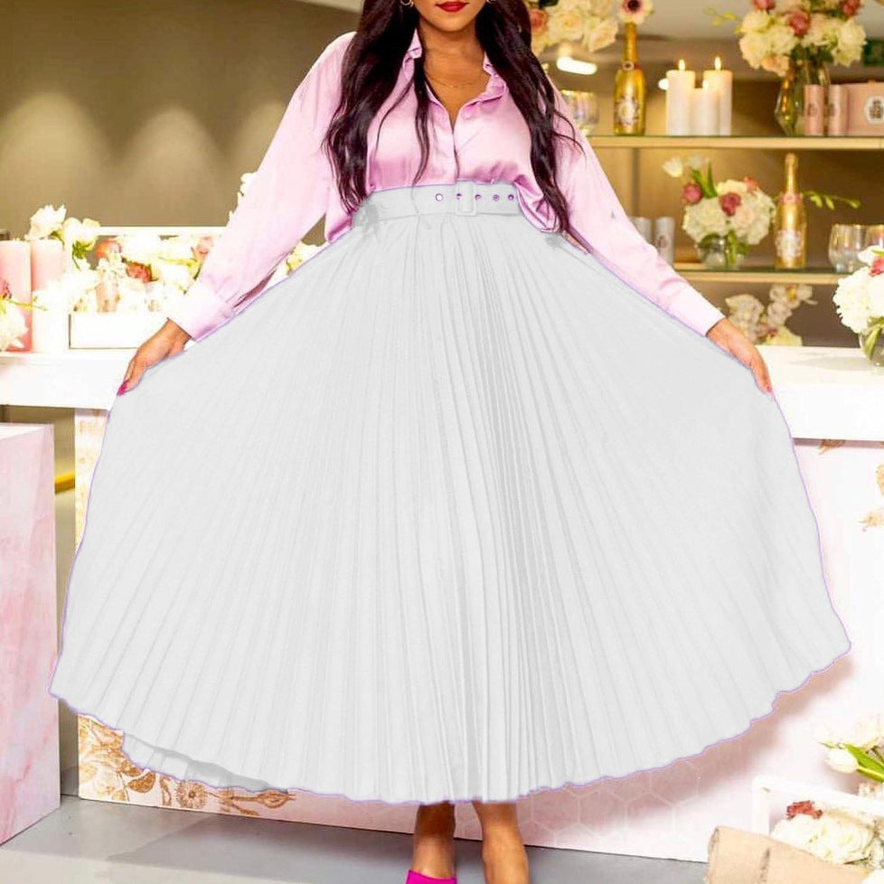 High-Waisted Pleated Midi Skirt with Belt