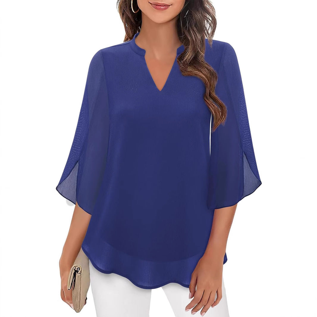 Women's Flowy V-Neck Chiffon Blouse with Petal Sleeves
