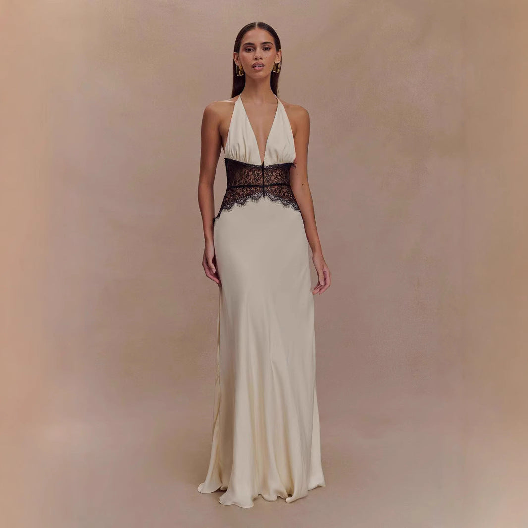 Elegant & Sexy Deep V Backless Lace Sheath Dress with Tie Detail