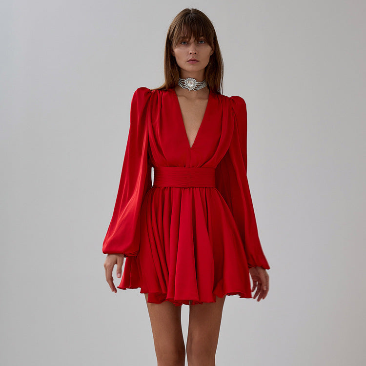 Elegant Red Ruffled Satin Dress