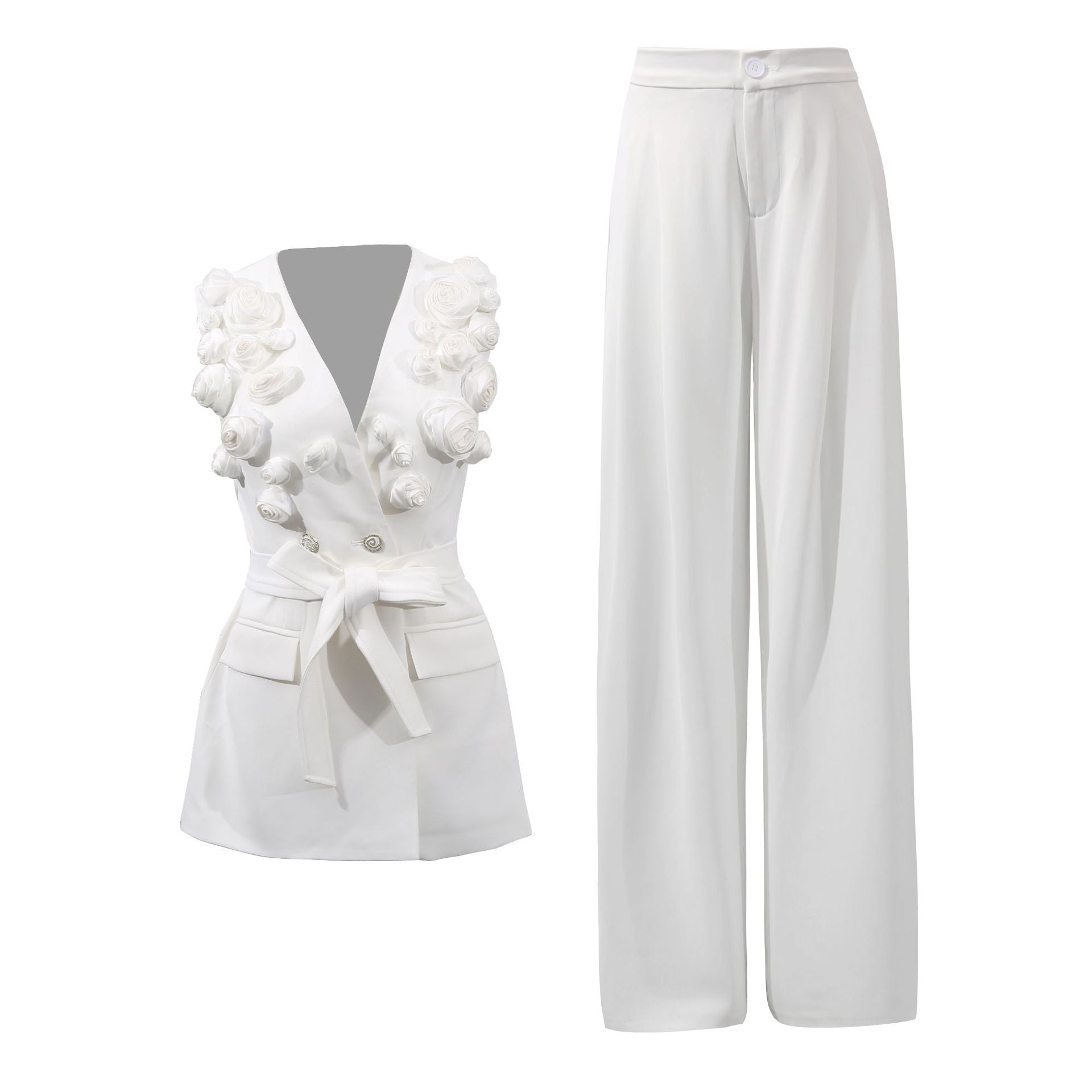 Designed Women's Fashion Floral Patchwork Sleeveless Tie-Front Vest & High-Waisted Wide-Leg Trousers Set