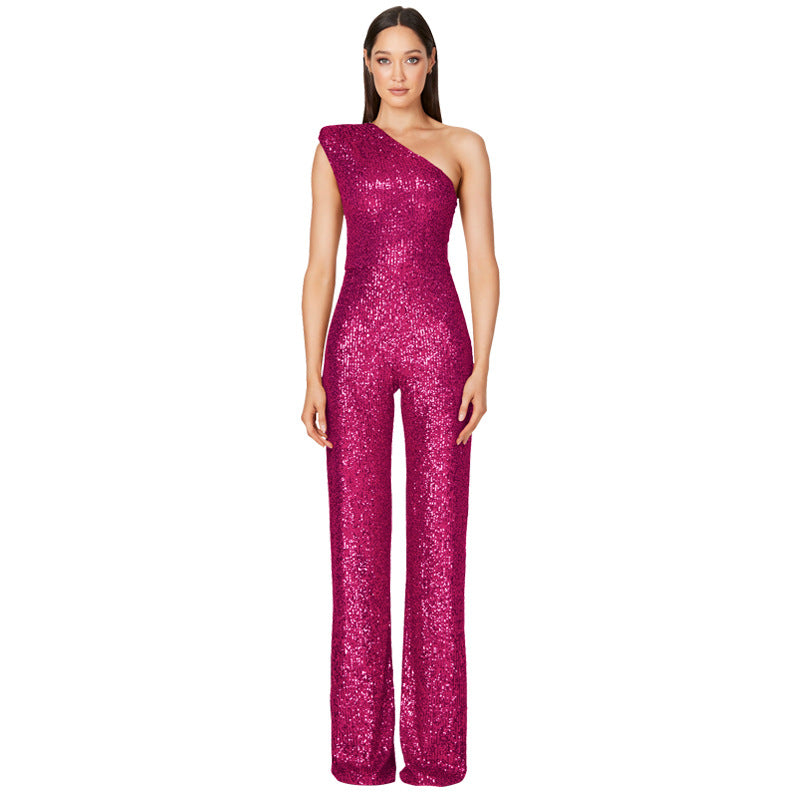 Sexy One Shoulder Sequined Jumpsuits