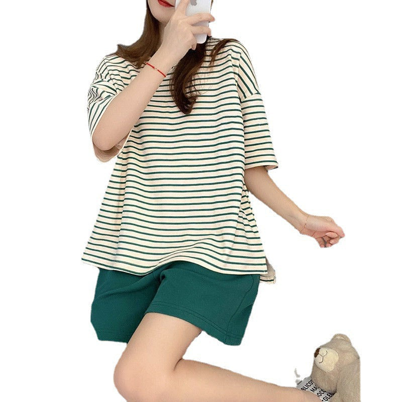 Casual Striped Summer Short Sleeves Shirts & Shorts Homewear