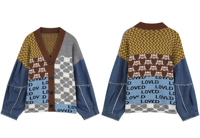 Women's Denim Patchwork Sweater Cardigan