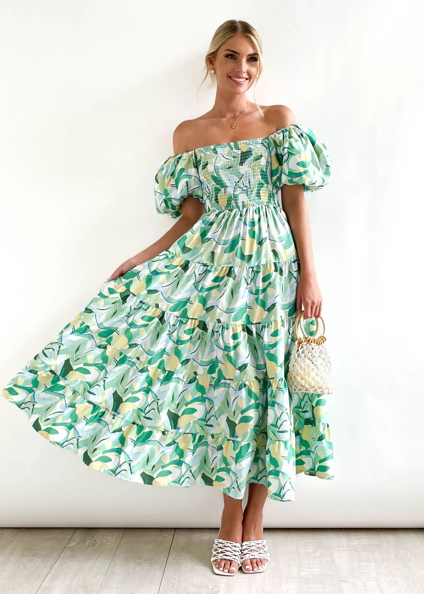 Flutter Sleeve High Waist Off-Shoulder Print Dress