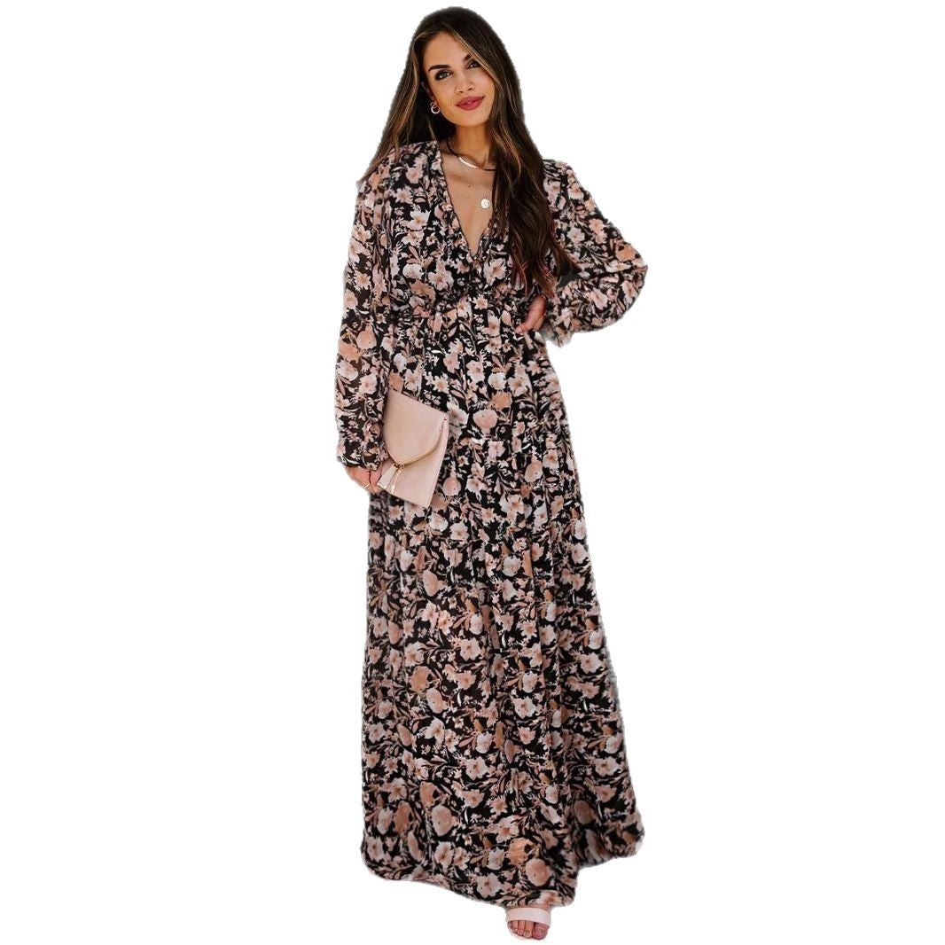 Elegant Long Sleeve Printed Maxi Evening Dress