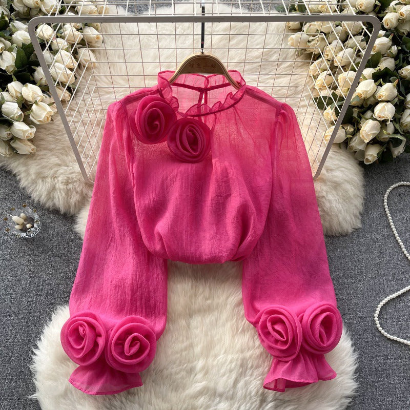 Designed 3D Flowers Chiffon Long Sleeves Shirts