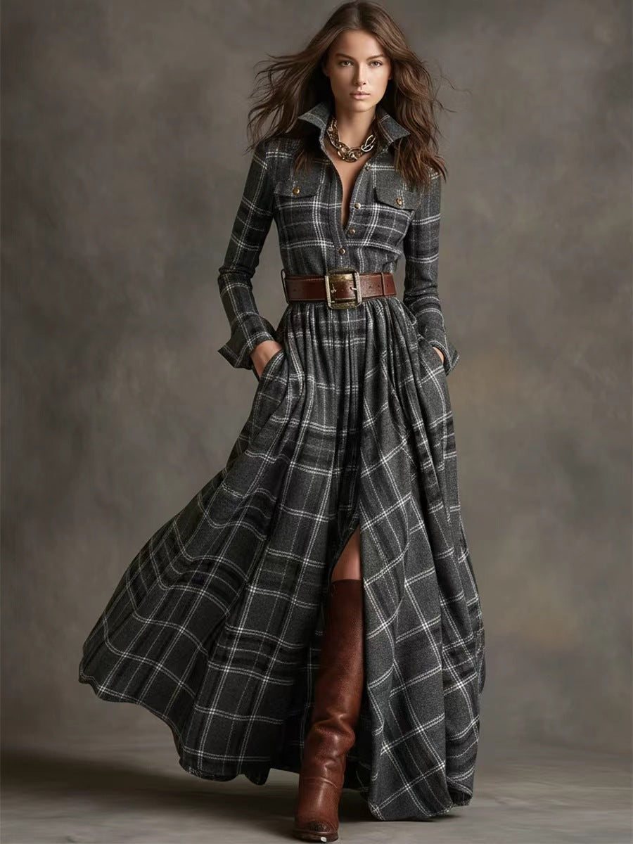 Plus Size French Vintage Plaid Slimming Irregular Hem Dress